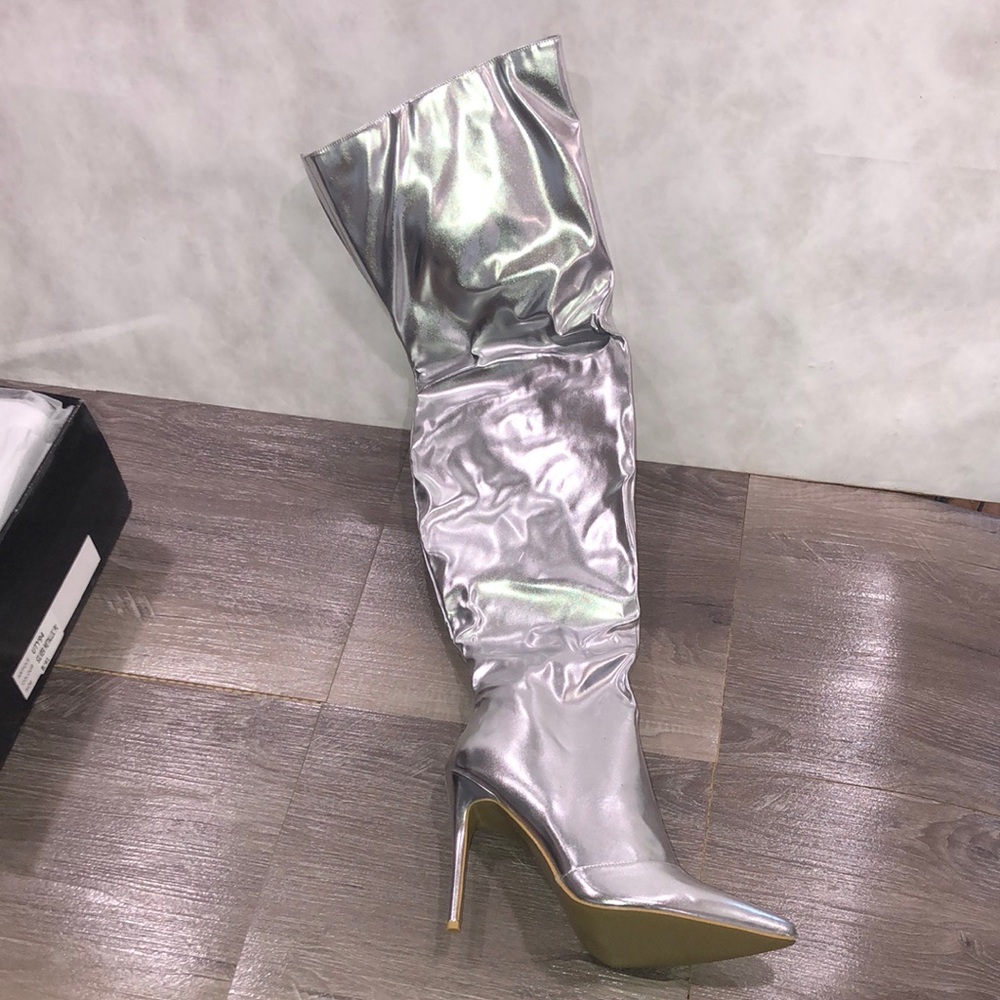 PrettyLittleThing Silver Over the Knee Thigh Zip Boots New